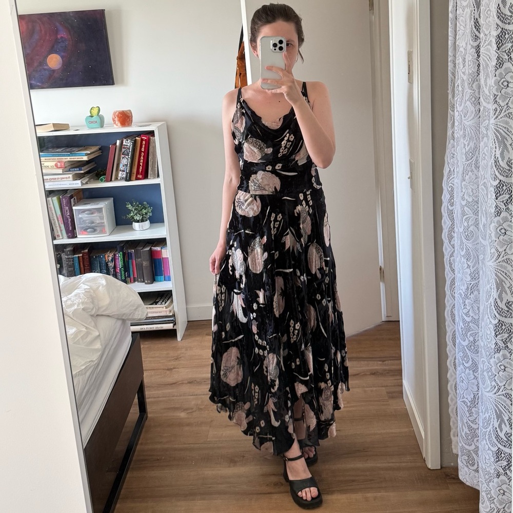 Haute Hippie Burn Out Velvet Maxi Dress Whimsigoth Witchy Floral Rayon Silk XS